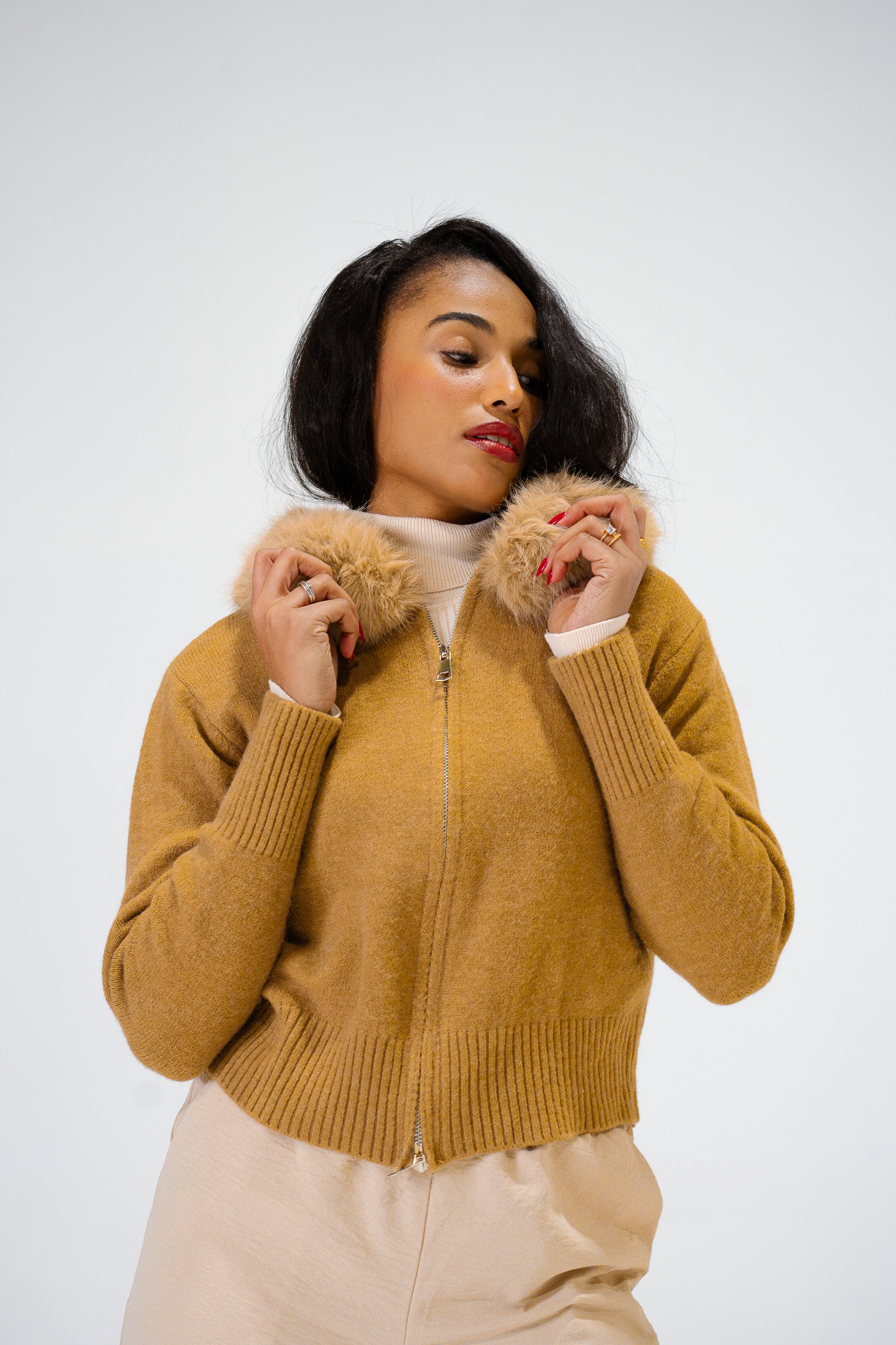 Gilet à Capuche Fourrure beige