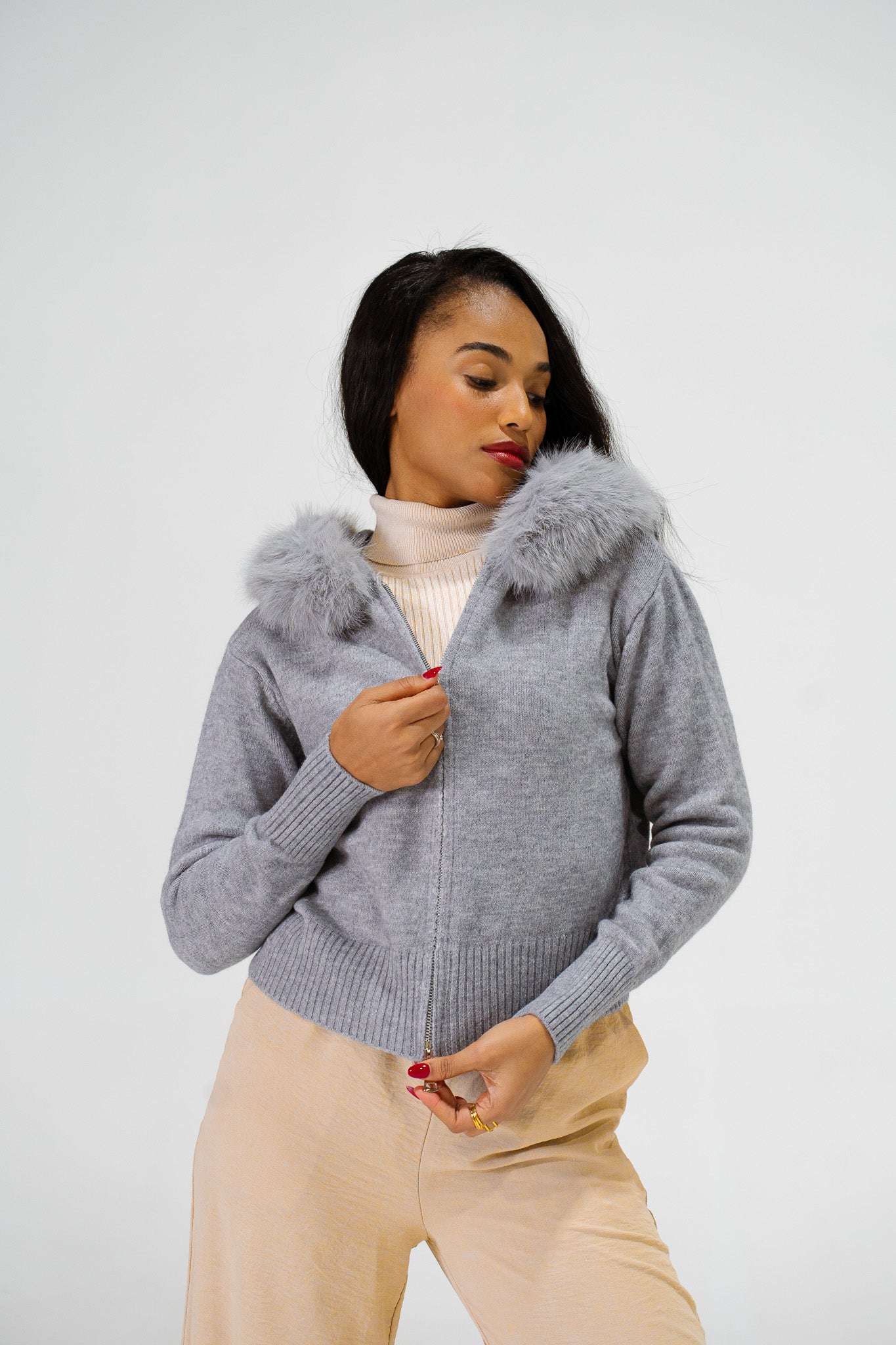 Gilet à Capuche Fourrure Gris