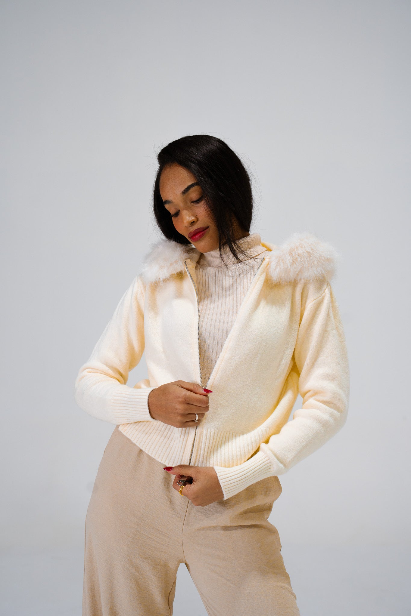 Gilet à Capuche Fourrure Creme